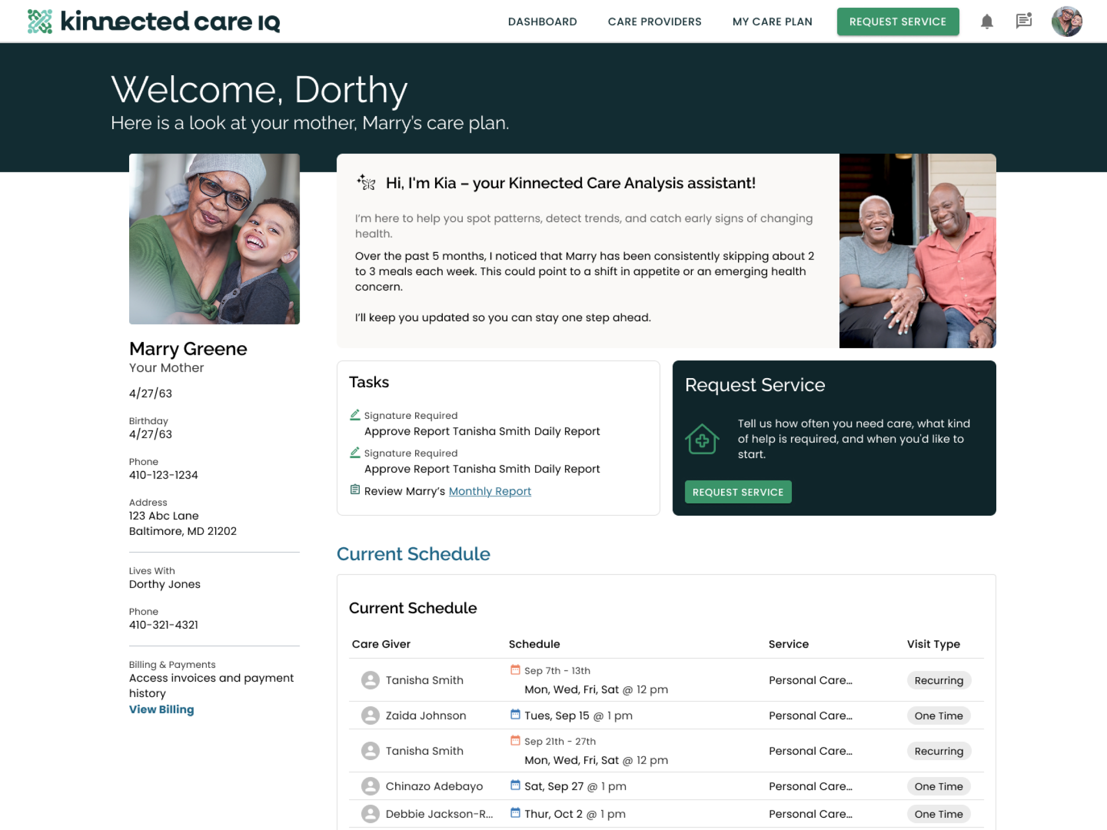 Kinnected Care app dashboard showing a care plan summary for a patient named Mary Greene, with an AI assistant message, upcoming tasks, and a weekly care schedule